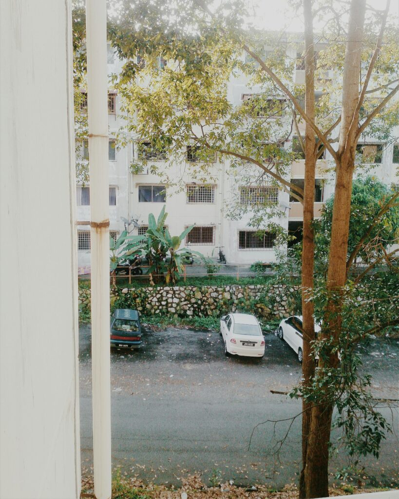 Modern apartment building with parked cars and green trees during the daytime.